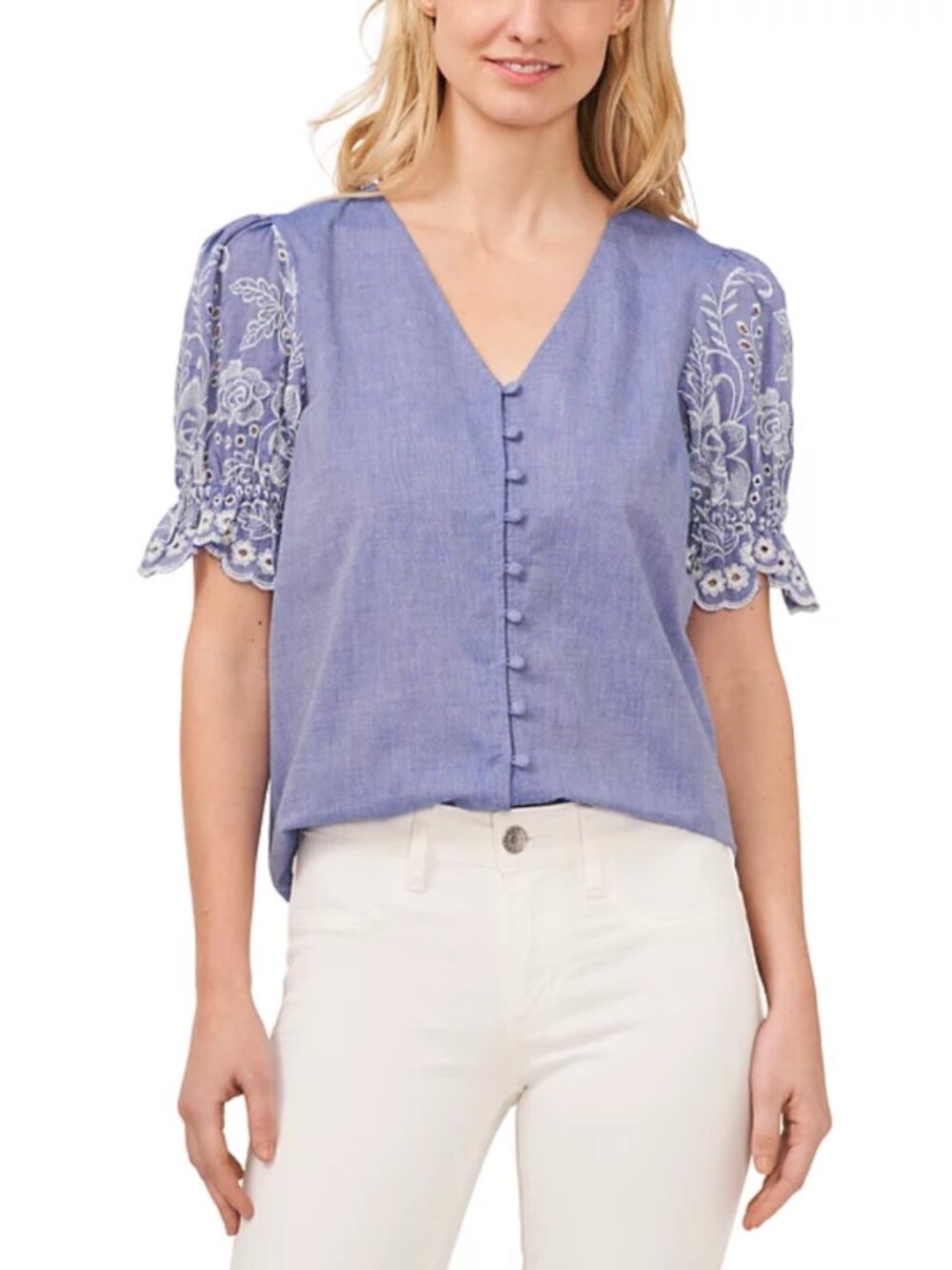 CeCe Blue Cotton Embroidered Puff Sleeve Blouse Eyelet V Neck Floral Top Medium